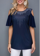 Dot tops,ROTITA Round Neck Cold Shoulder Navy Blue T Shirt