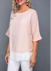 Pink tops,Contrast Color tops,ROTITA Round Neck Layered Light Pink T Shirt