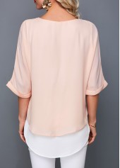 Pink tops,Contrast Color tops,ROTITA Round Neck Layered Light Pink T Shirt