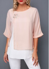 Pink tops,Contrast Color tops,ROTITA Round Neck Layered Light Pink T Shirt