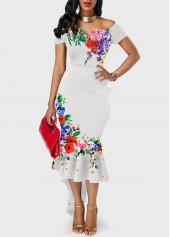 Ruffle Hem Flower Print White Off the Shoulder Dress