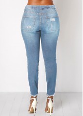 Plain Color bottoms,ROTITA Shredded Elastic Waist Pocket Light Blue Jeans