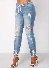 Plain Color bottoms,ROTITA Shredded Elastic Waist Pocket Light Blue Jeans