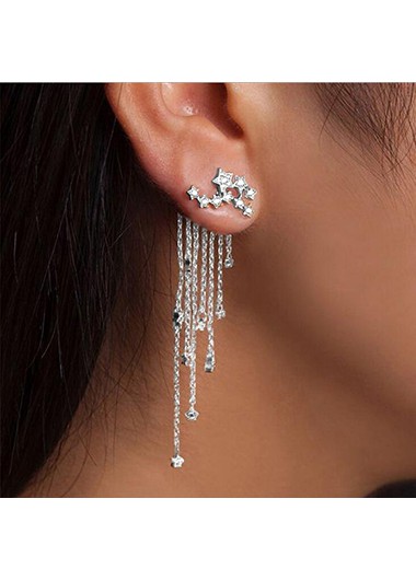 Silvery White jewelry,Rhinestone Embellished Chain Tassel Silver Earrings