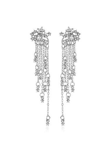 Silvery White jewelry,Rhinestone Embellished Chain Tassel Silver Earrings