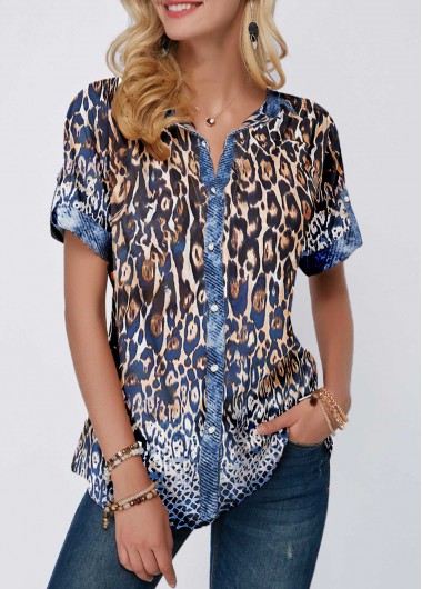 Navy Tribal Print Lace-up Design Lantern Sleeves Blouses