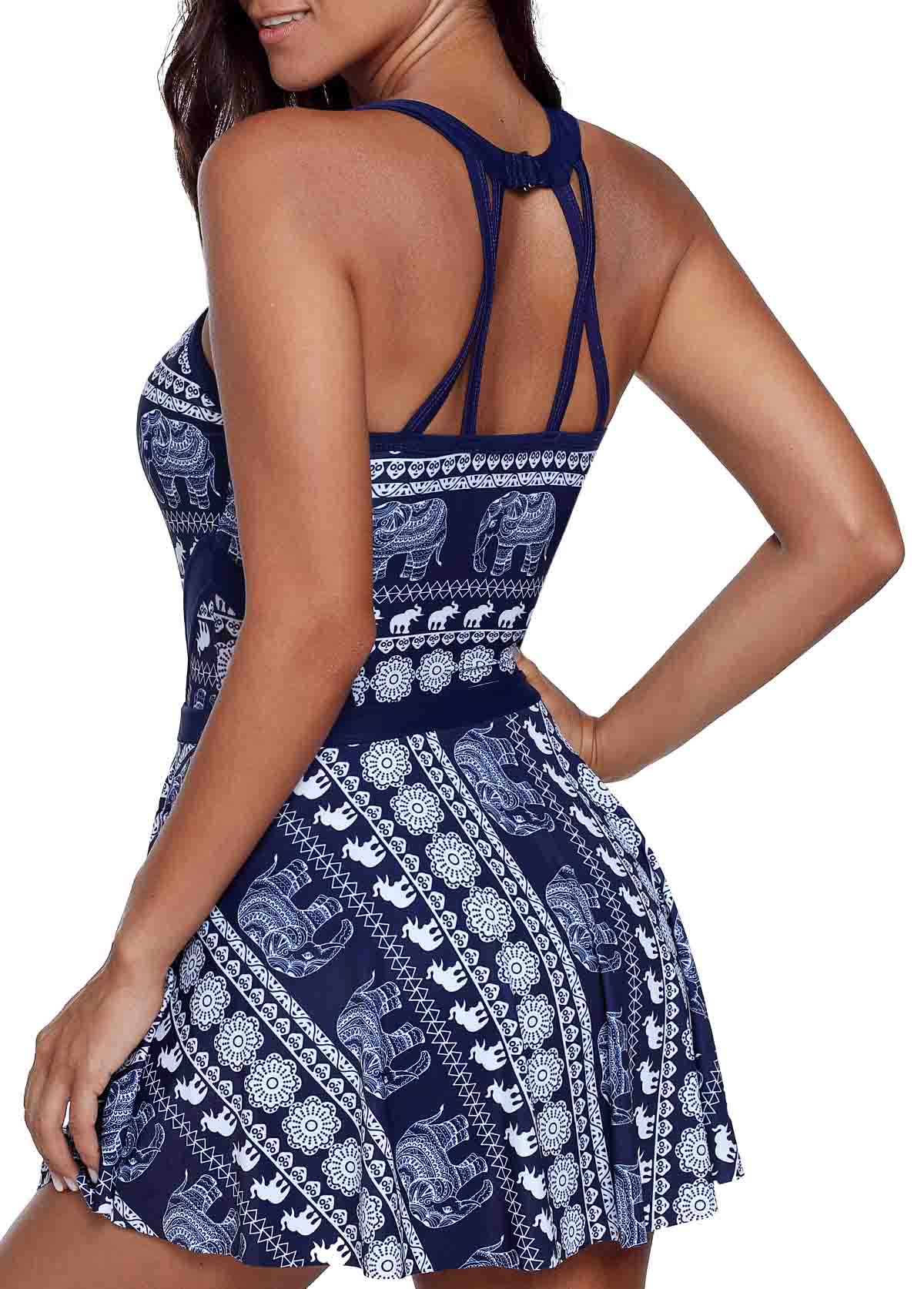 Navy swimwear,Animal Print swimwear,ROTITA Cutout Neckline Animal Print Swimdress and Shorts