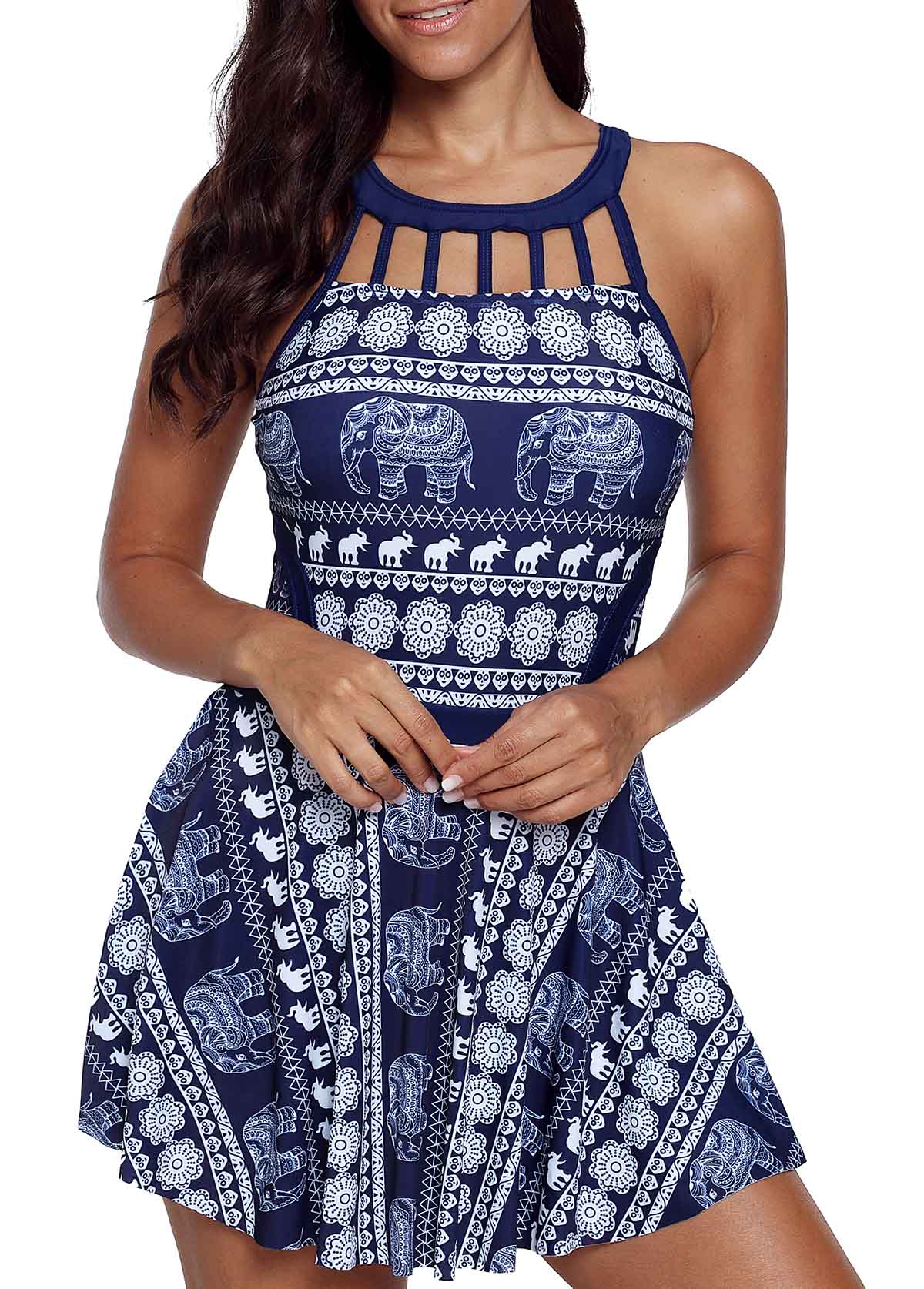 Navy swimwear,Animal Print swimwear,ROTITA Cutout Neckline Animal Print Swimdress and Shorts