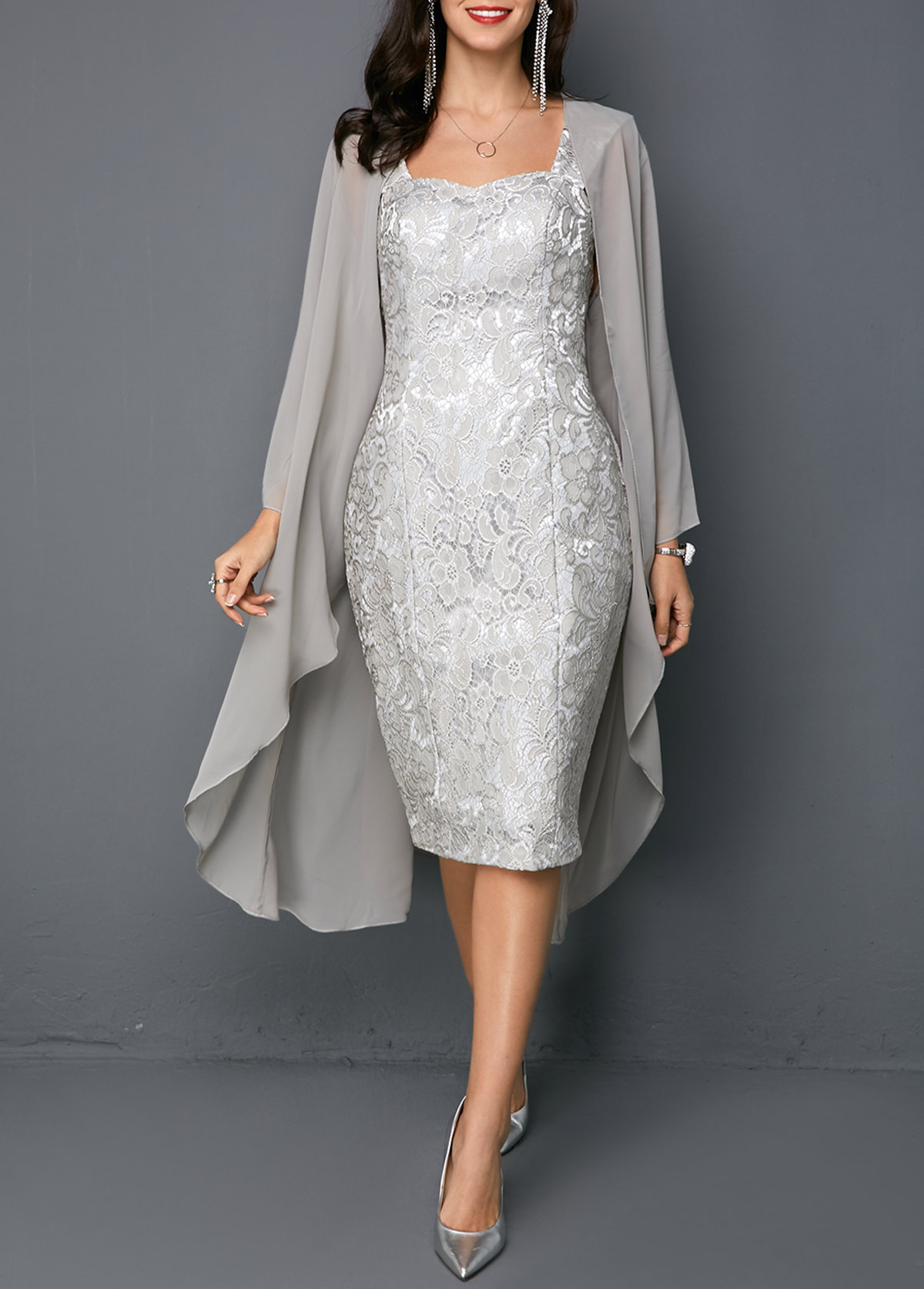 ROTITA Open Front Cardigan and Tie Back Sleeveless Lace Dress