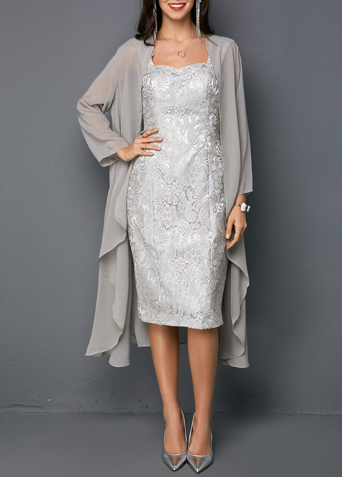 open front top and tie back sleeveless sheath dress