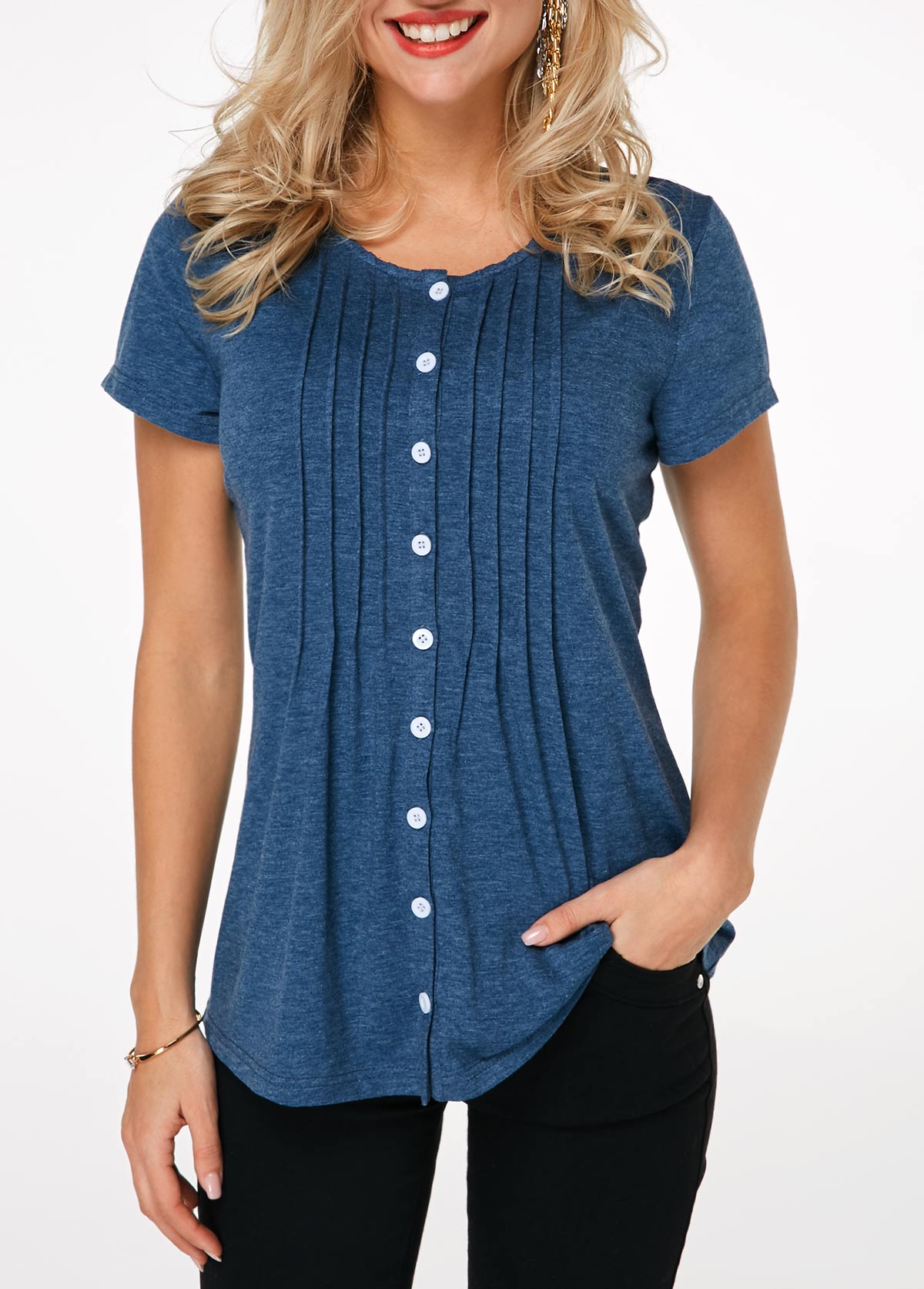 ROTITA Crinkle Chest Button Up Navy Blue T Shirt