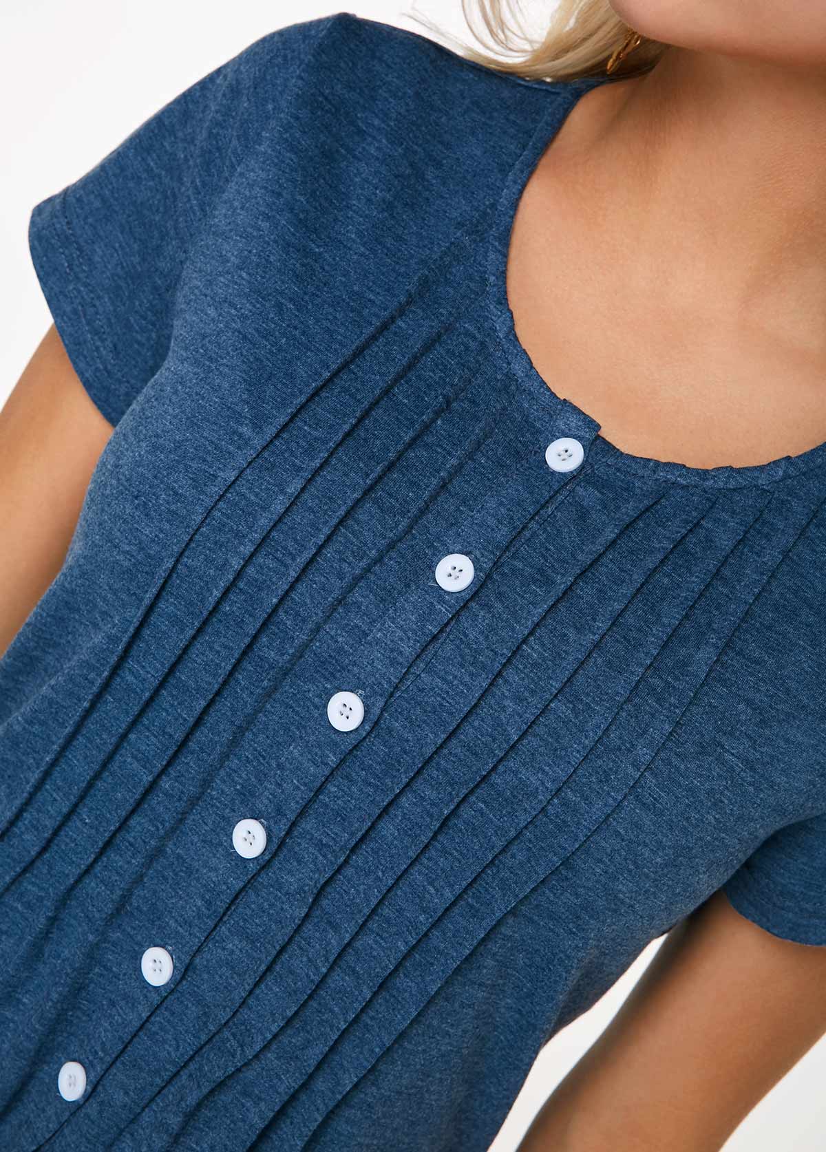Plain Color tops,ROTITA Crinkle Chest Button Up Navy Blue T Shirt