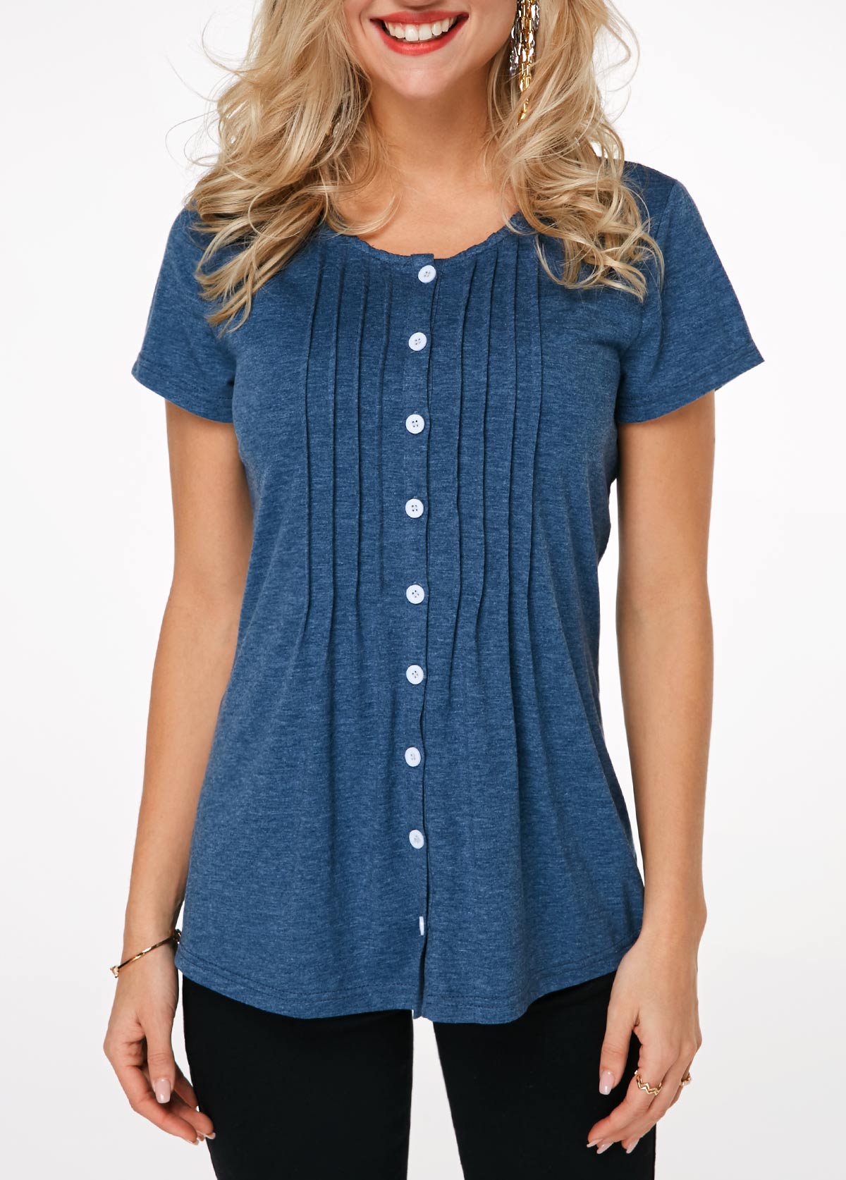Plain Color tops,ROTITA Crinkle Chest Button Up Navy Blue T Shirt