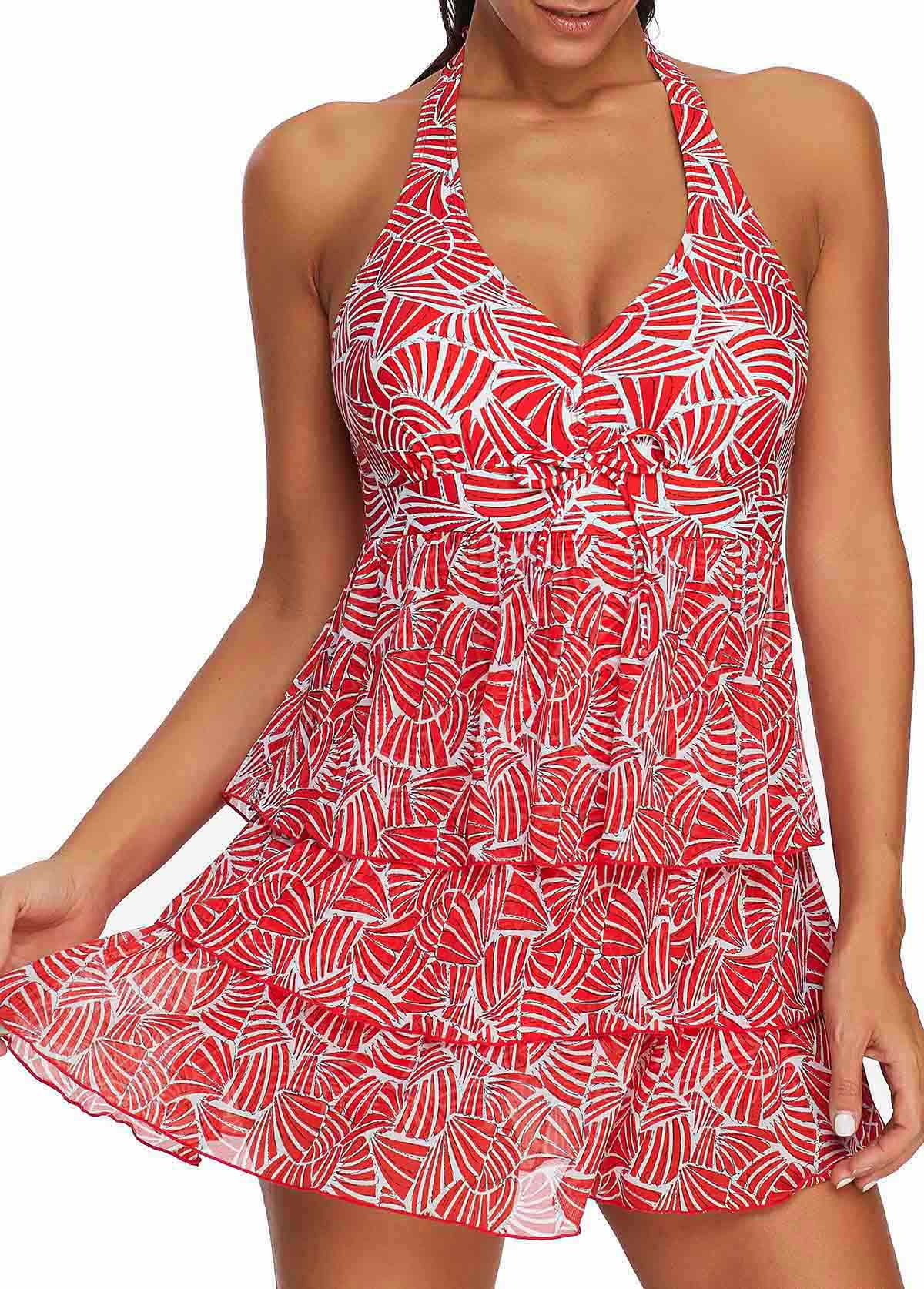 ROTITA Printed Layered Red Halter Swimdress and Shorts | Rotita.com ...