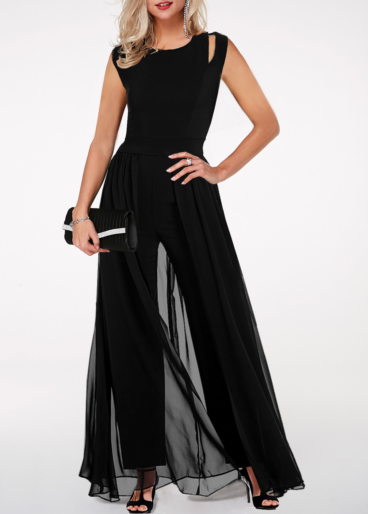 High Waist Round Neck Chiffon Overlay Black Jumpsuit | Rotita.com - USD ...