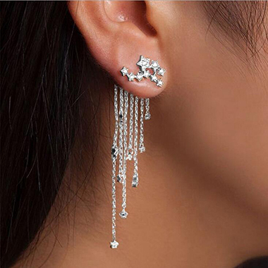 Rhinestone Embellished Chain Tassel Silver Earrings