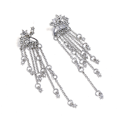 Silvery White jewelry,Rhinestone Embellished Chain Tassel Silver Earrings