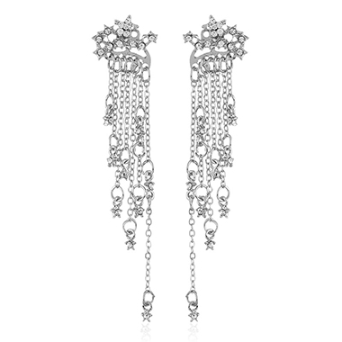 Silvery White jewelry,Rhinestone Embellished Chain Tassel Silver Earrings