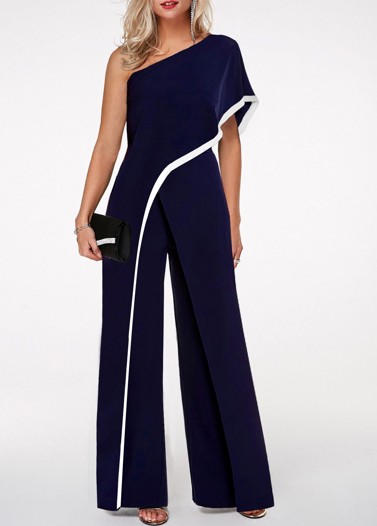 One Shoulder Contrast Trim Navy Blue Jumpsuit