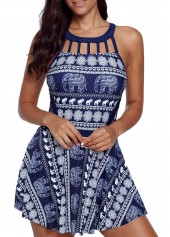 Navy swimwear,Animal Print swimwear,ROTITA Cutout Neckline Animal Print Swimdress and Shorts