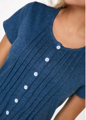 Plain Color tops,ROTITA Crinkle Chest Button Up Navy Blue T Shirt