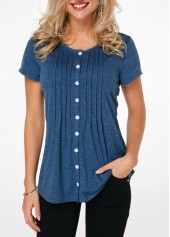 ROTITA Crinkle Chest Button Up Navy Blue T Shirt