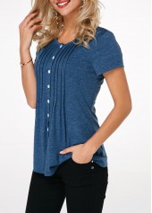 Plain Color tops,ROTITA Crinkle Chest Button Up Navy Blue T Shirt