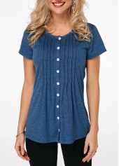 Plain Color tops,ROTITA Crinkle Chest Button Up Navy Blue T Shirt