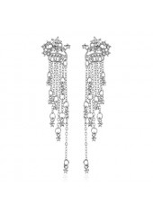 Silvery White jewelry,Rhinestone Embellished Chain Tassel Silver Earrings