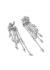 Silvery White jewelry,Rhinestone Embellished Chain Tassel Silver Earrings