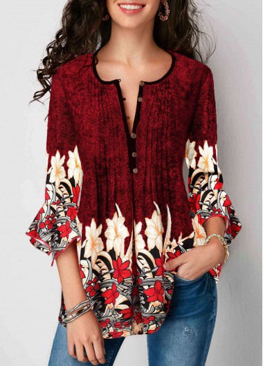 Asymmetric Hem Split Neck Retro Flower Print Blouse