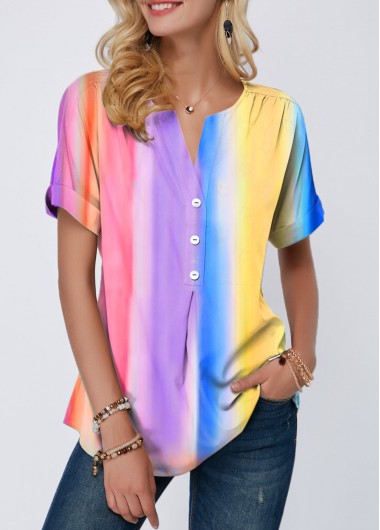 Multi Color tops,Floral tops,ROTITA Rainbow Color Button Detail Tie Dye Print Blouse