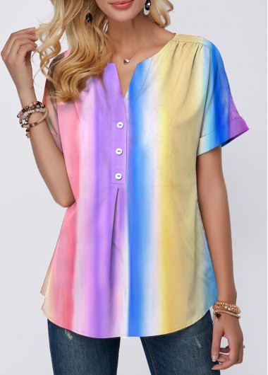 Multi Color tops,Floral tops,ROTITA Rainbow Color Button Detail Tie Dye Print Blouse