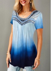 Blue tops,Floral tops,ROTITA Short Sleeve Round Neck Gradient T Shirt