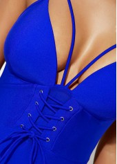 Blue swimwear,Plain Color swimwear,ROTITA Cross Strap Lace Up Front One Piece Swimwear