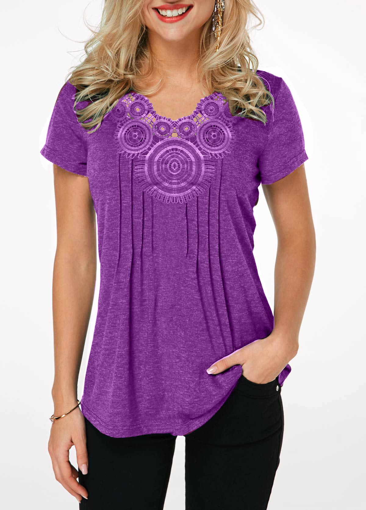 ROTITA Lavender Short Sleeve Crinkle Chest T Shirt