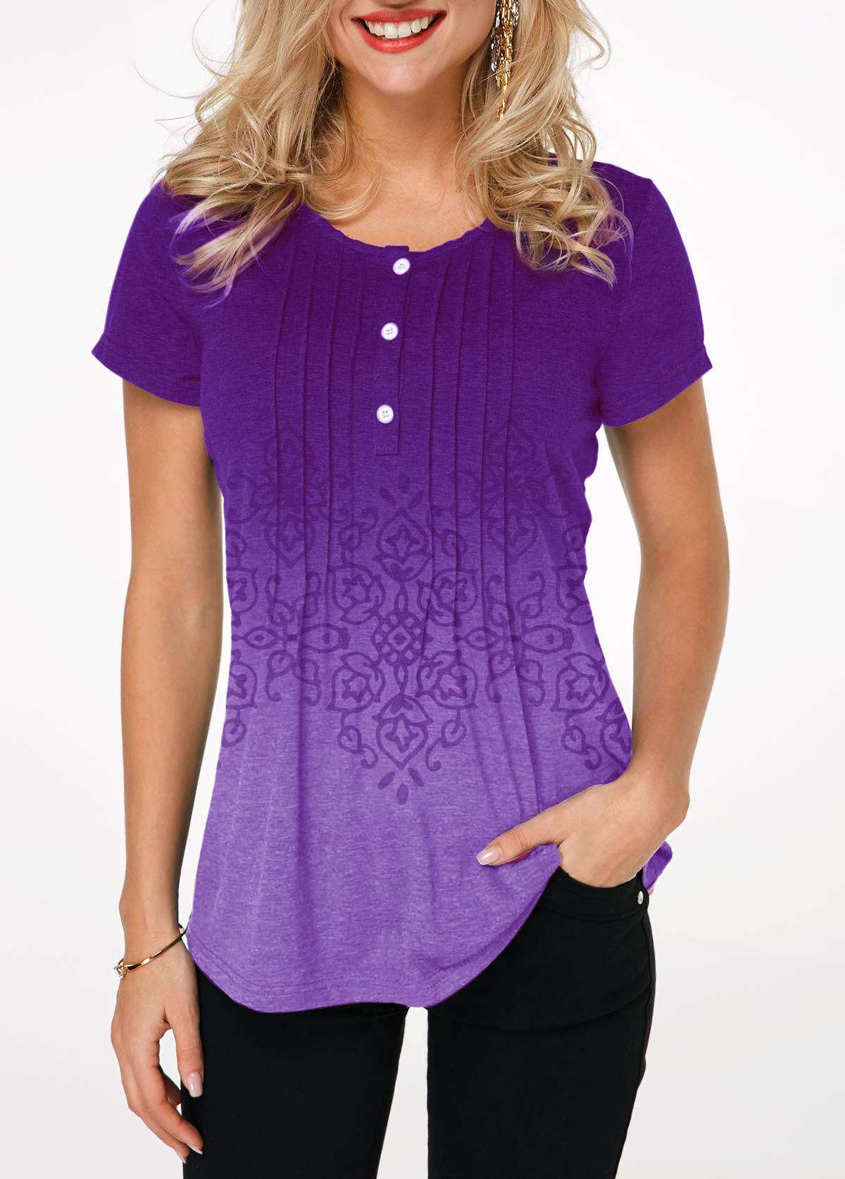 Purple tops,Floral tops,ROTITA Gradient Button Detail Crinkle Chest Printed T Shirt