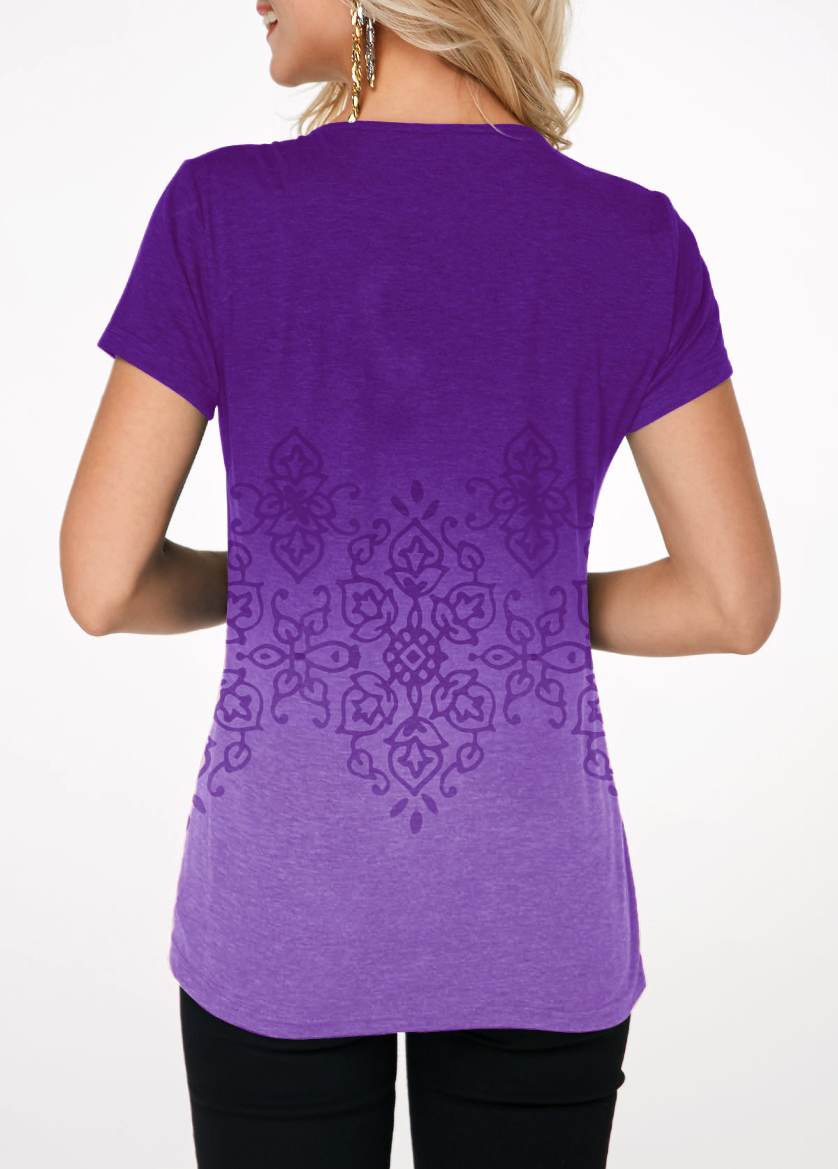 Purple tops,Floral tops,ROTITA Gradient Button Detail Crinkle Chest Printed T Shirt
