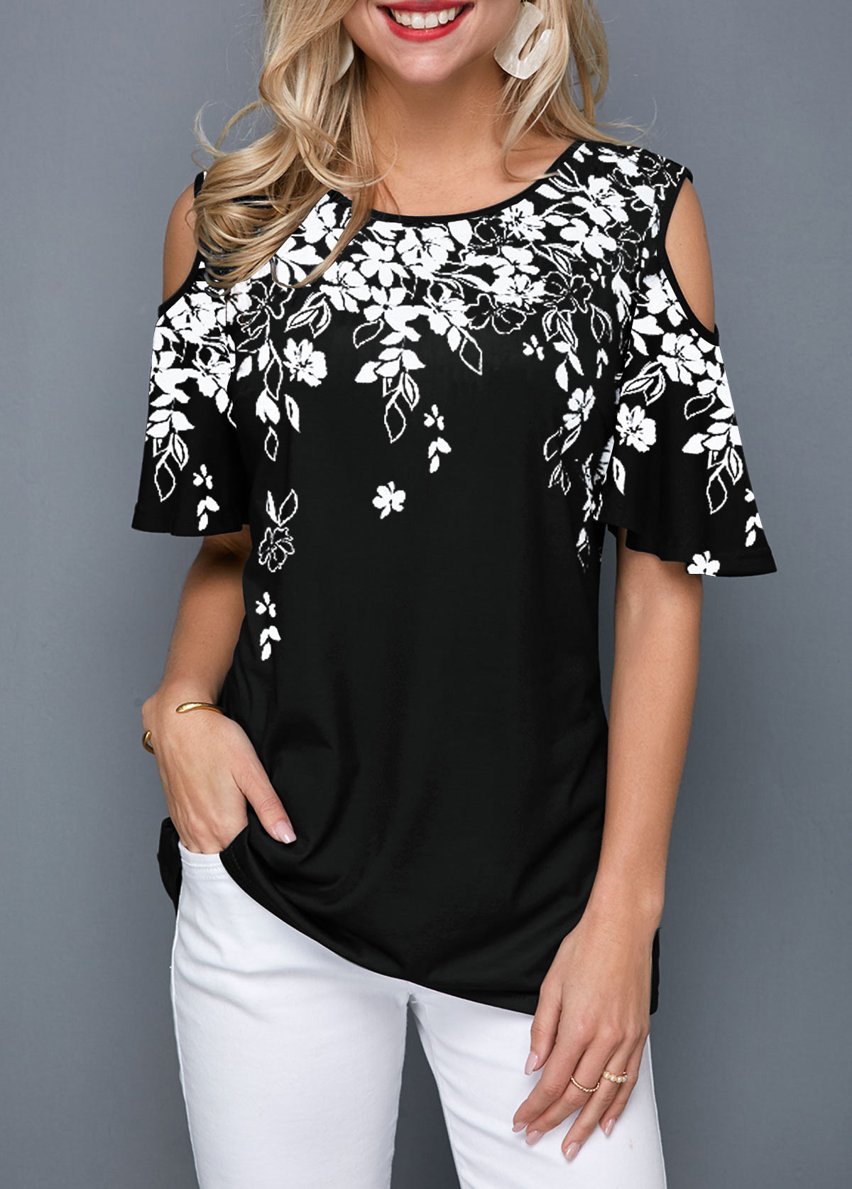 ROTITA Cold Shoulder Round Neck Flower Print T Shirt