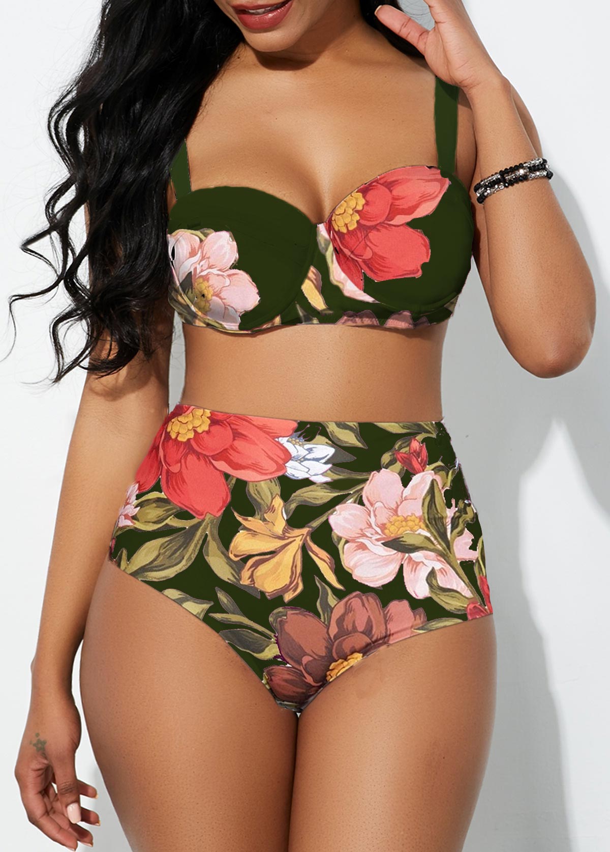 ROTITA Spaghetti Strap High Waist Floral Print Bikini Set