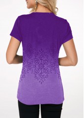 Purple tops,Tribal tops,ROTITA Gradient Button Detail Crinkle Chest Printed T Shirt