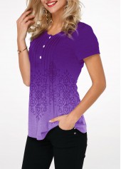Purple tops,Tribal tops,ROTITA Gradient Button Detail Crinkle Chest Printed T Shirt