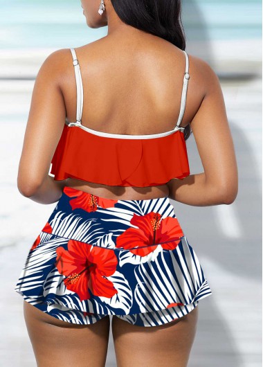 Red swimwear,Floral swimwear,ROTITA Ruffle Overlay High Waist Floral Print Bikini Set