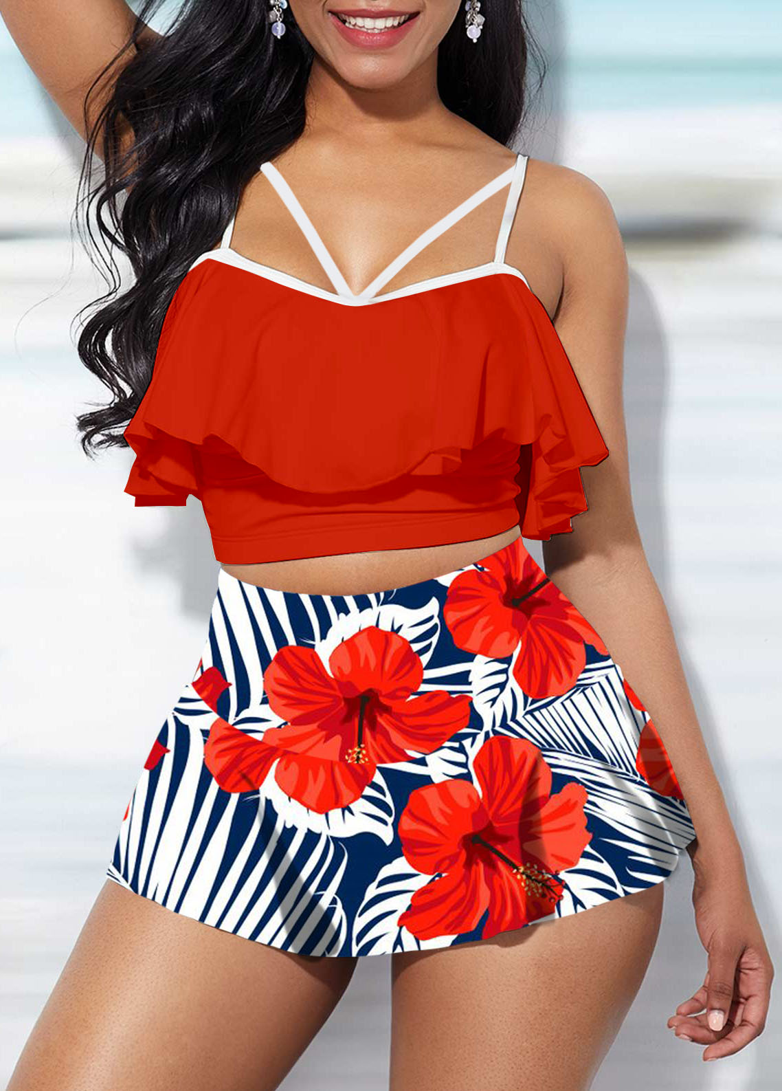Red swimwear,Floral swimwear,ROTITA Ruffle Overlay High Waist Floral Print Bikini Set