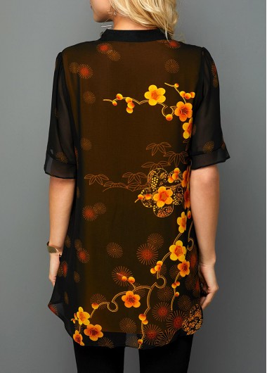 Black tops,Floral tops,ROTITA Color Block Faux Two Piece Split Neck Button Detail Blouse