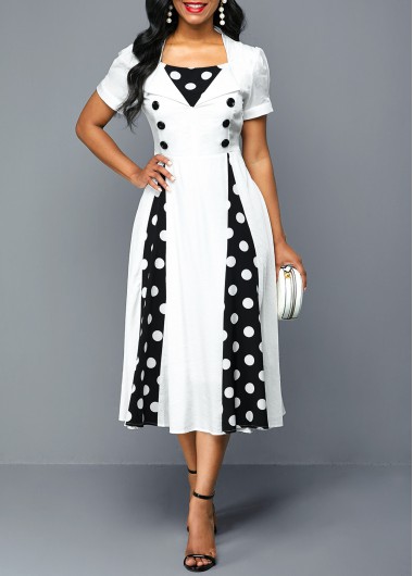 Button Detail Polka Dot Print High Waist Dress