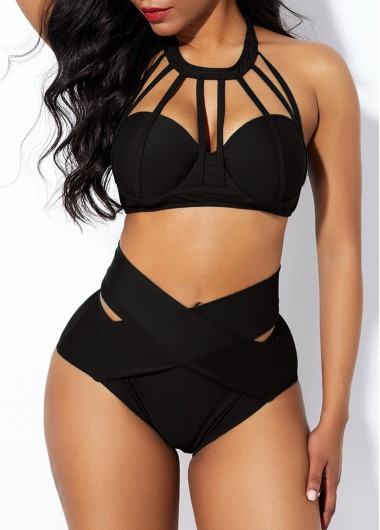 Black swimwear,Plain Color swimwear,ROTITA Cage Neck Cross Front High Waist Bikini Set