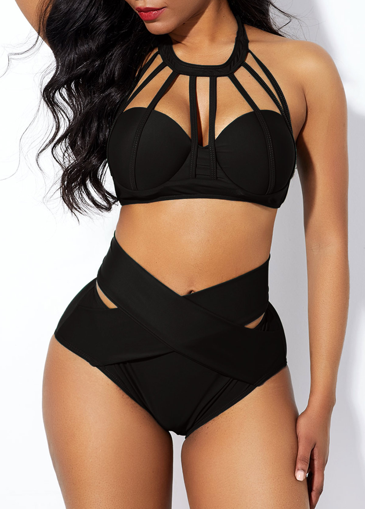 ROTITA Cage Neck Cross Front High Waist Bikini Set