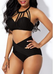 Black swimwear,Plain Color swimwear,ROTITA Cage Neck Cross Front High Waist Bikini Set