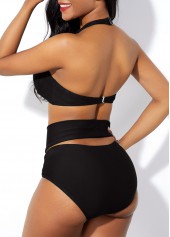 Black swimwear,Plain Color swimwear,ROTITA Cage Neck Cross Front High Waist Bikini Set